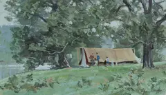 Family Camped by a River by Robert Richmond Campbell, Oil on Board, sold Mar 2023