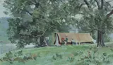 Robert Richmond Campbell, Family Camped by a River, Oil on Board