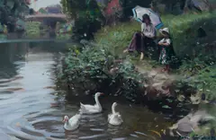 Peter Smales, Spring Morning, Studley Park (Eva & Julia Smales), 1993, Oil & Gouache