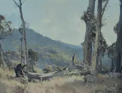 Fallen Gum and Grazing Sheep by Lance Solomon, 1937, Oil on Board, sold Mar 2023