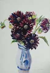 Barbara Tribe, The Blue Jug with Dahlias, 1989, W/Clr & Gouache