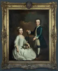 Arthur Devis, The Brydges Children, Boy with Cricket Bat, Girl with Basket of Flowers, mid 18th Century, Oil on Canvas
