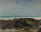 Sydney Laurence, St Ives, Old labels verso for 'James Lanham,' well known art supplies and exhibition venue in St Ives from 1887-89 onwards. Also inscribed in pencil 'Dr Laurence, Cornwall'