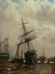 Isaac Walter Jenner, Ships at Low Tide with Workers, Oil on Paper on Panel