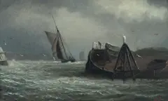 Isaac Walter Jenner, Boats Approaching Harbour in Stormy Seas, Oil on Board