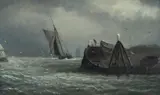 Isaac Walter Jenner, Boats Approaching Harbour in Stormy Seas, Oil on Board