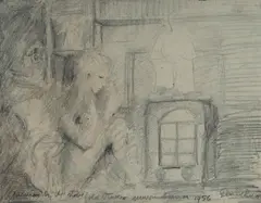 David Boyd, Hermia by the stove (old studio, Murrumbeena), 1956, Pencil