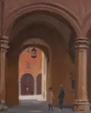 Graeme Inson, View of an Arcade, Europe, Oil on Canvas on Board