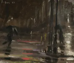 Graeme Inson, Wet Evening in the City, Oil on Board