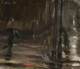 Graeme Inson, Wet Evening in the City, Oil on Board