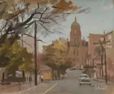 Graeme Inson, Car, Church & Road, Tasmania, 1954, Oil on Board