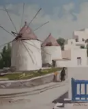 Graeme Inson, Windmills of Astypalea, Greek Islands, 1998, Oil on Canvas on Board