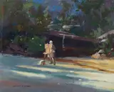 Allan Waite, Dick Simpson at Collins Beach, Oil on Board