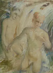 Arthur Murch, Boys and Waterfall, Oil on Canvas on Board