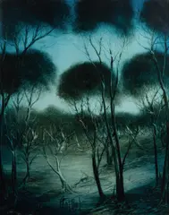 Landscape by Pro Hart, 1975, Oil on Board, sold Dec 2022