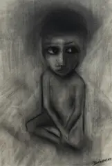 Pensive Child by Robert Dickerson, c.1960, Charcoal, sold Dec 2022