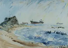 Celia Perceval, Ships Passing Nobbys Head, Newcastle, Oil on Paper