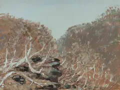 Snow Gums by Clifton Pugh, 1979, Gouache on Paper on Board, offered Dec 2022