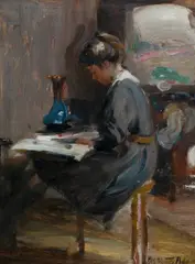 Josephine Muntz Adams, Interior with Woman Reading, Oil on Board