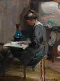 Josephine Muntz Adams, Interior with Woman Reading, Oil on Board