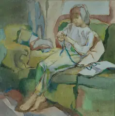 Ingrid Rayner, Young Girl Crocheting, Oil on Canvas on Board