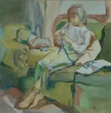 Ingrid Rayner, Young Girl Crocheting, Oil on Canvas on Board