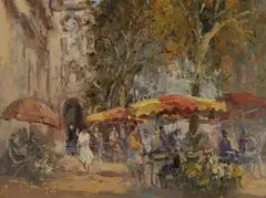 John Tiplady, Flower Market - Provence France, 1989, Oil on Canvas on Board