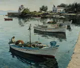 Ralph Wilson, Five Boats, Gythio Harbour (Greece), 1988, Oil on Board