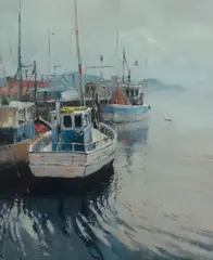 Fishing Boats and Gulls by Robert Hagan, Oil on Canvas, offered Dec 2022