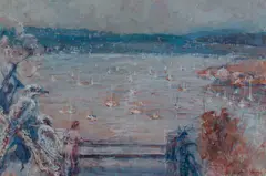 Balcony View of Sydney Harbour by Guido Zuliani, Oil on Board, sold Dec 2022