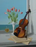 Dennis Ramsay, Still Life with Violin, Tulips and Glass of Wine, 2001, Oil on Board