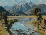 Leslie A Campbell, New Zealand River and Mountain Landscape, Oil on Canvas on Board