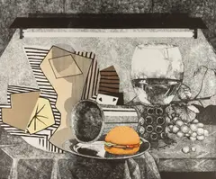 Fernando Bellver, Bodegón: Con Dos Copas De Más, 1985, Colour Etching & Collage 34/99