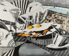 Fernando Bellver, Bodegón [Eggs], 1985, Colour Etching & Collage 34/99