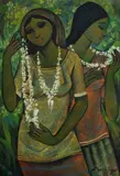 Two Girls with Flower Necklaces by Roger San Miguel, Oil on Canvas, sold Dec 2022