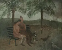 Amie Kingston, The Park,' WWII soldier and his sweetheart seated on a bench, Oil on Board