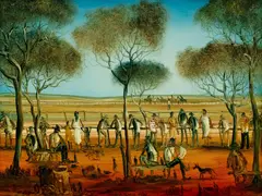 The Trials Day by Pro Hart, Oil on Board, sold Aug 2022