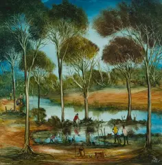 Yabby Nets by Pro Hart, Oil on Board, sold Aug 2022