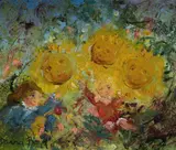 David Boyd, Children with Sunflowers, Oil on Board