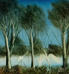 Waterbirds by Pro Hart, Oil on Board, sold Aug 2022