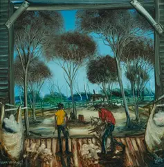 Blade Shearers by Pro Hart, Oil on Board, sold Aug 2022