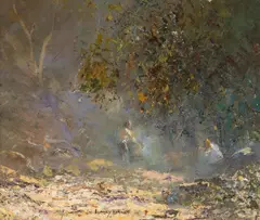 W Rubery Bennett, Figures in the Bush, Oil on Canvas on Board