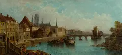 William G Meadows, European Town View, Oil on Canvas on Board