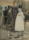 Albert Henry Fullwood, Overheard at the Royal Gallery, I think it's a bargain - why the paint must have cost £10 let alone the time of putting it on canvas, W/Clr & Gouache