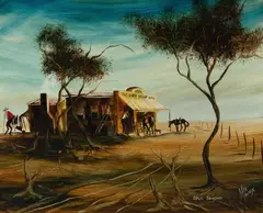 Back Beyond [The Last Drop Hotel] by Max Mannix, Oil on Board, offered Jul 2022