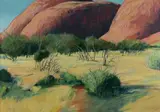 Terry O'Donnell, Mt Ghee, Mt Wulpa & Mt Olga, 1985, Oil on Canvas on Board