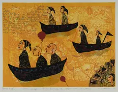 Christina Cordero, Women Escape in Boats through the Yellow Sea (with Balloons), 1996, Coloured Etching (Special Proof 3)