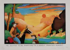 Glen Baxter, He Seemed To Be Pointing To A Badly Printed Sunset, 1984, Colour Lithograph 47/200