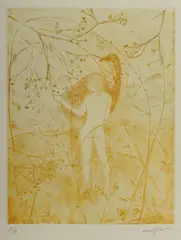 Leda and the Swan by Clifton Pugh, Coloured Etching A/P, sold Jul 2022