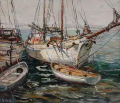 John Giles, Boats in the Harbour, Oil on Canvas